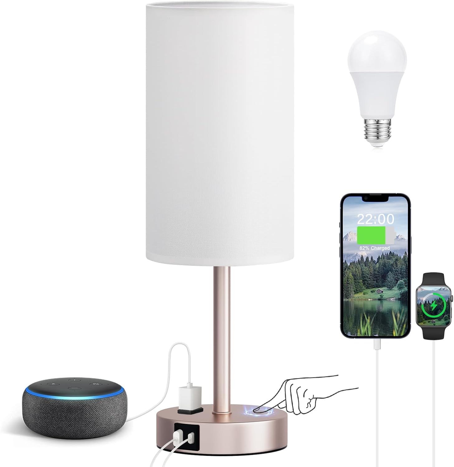 3 Way Dimmable Touch Bedside Lamp with USB C Port and AC Outlet biymjk