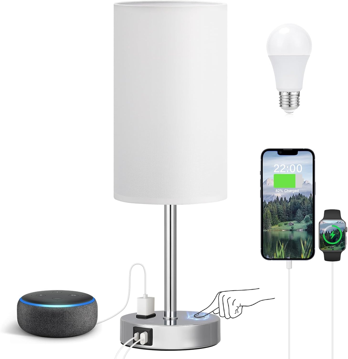 3 Way Dimmable Touch Bedside Lamp with USB C Port and AC Outlet biymjk