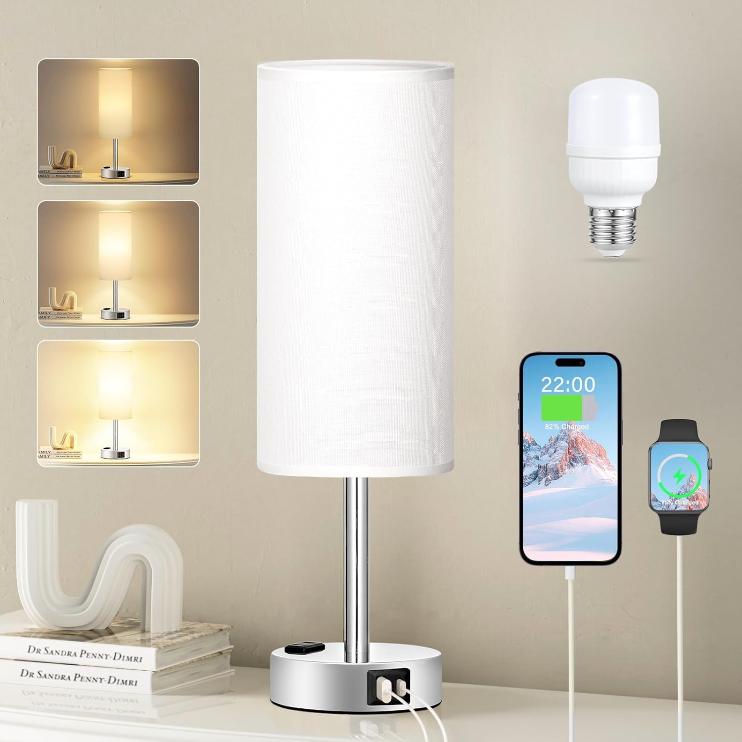 3 Way Dimmable Touch Bedside Lamp with USB C Port and AC Outlet biymjk