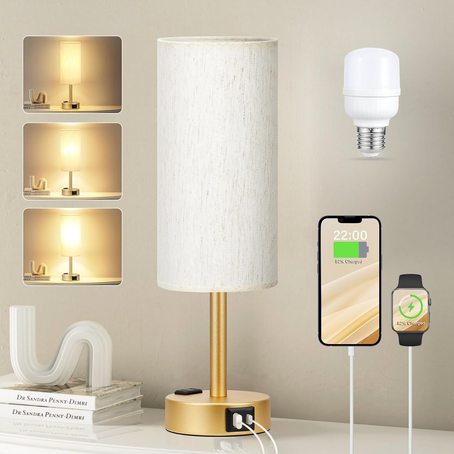 3 Way Dimmable Touch Bedside Lamp with USB C Port and AC Outlet biymjk