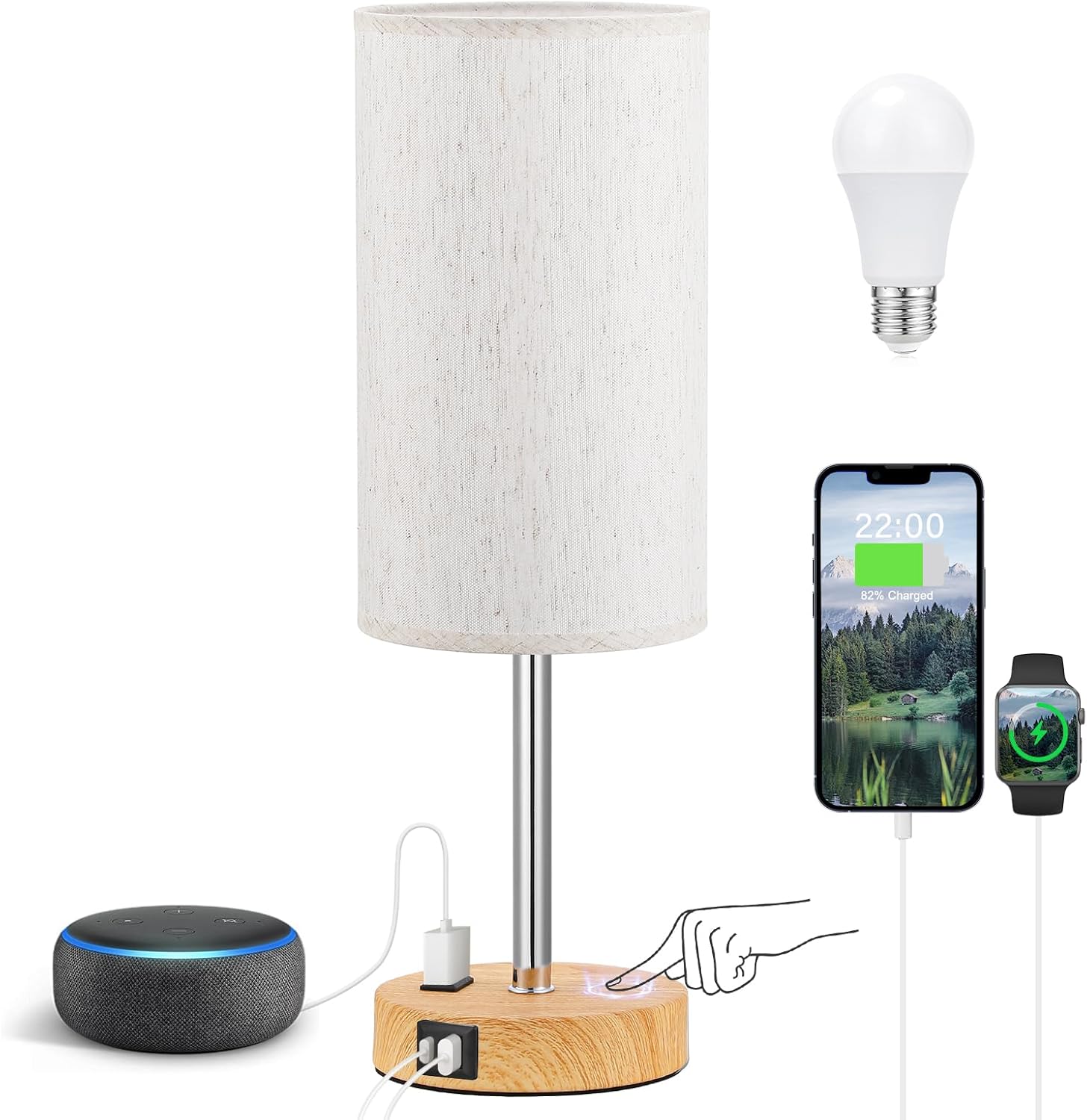 3 Way Dimmable Touch Bedside Lamp with USB C Port and AC Outlet biymjk