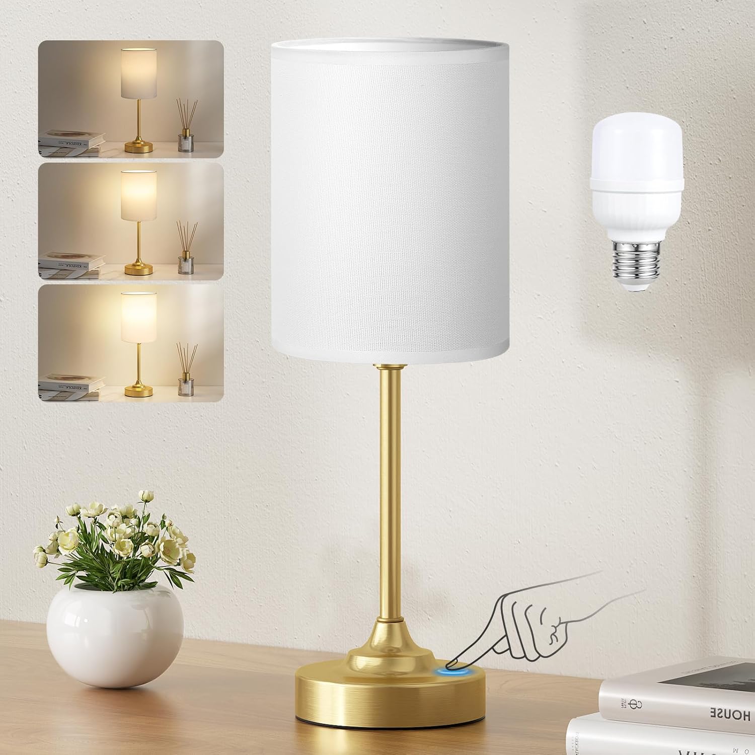 3 Way Dimmable Touch Bedside Lamp with USB C Port and AC Outlet biymjk