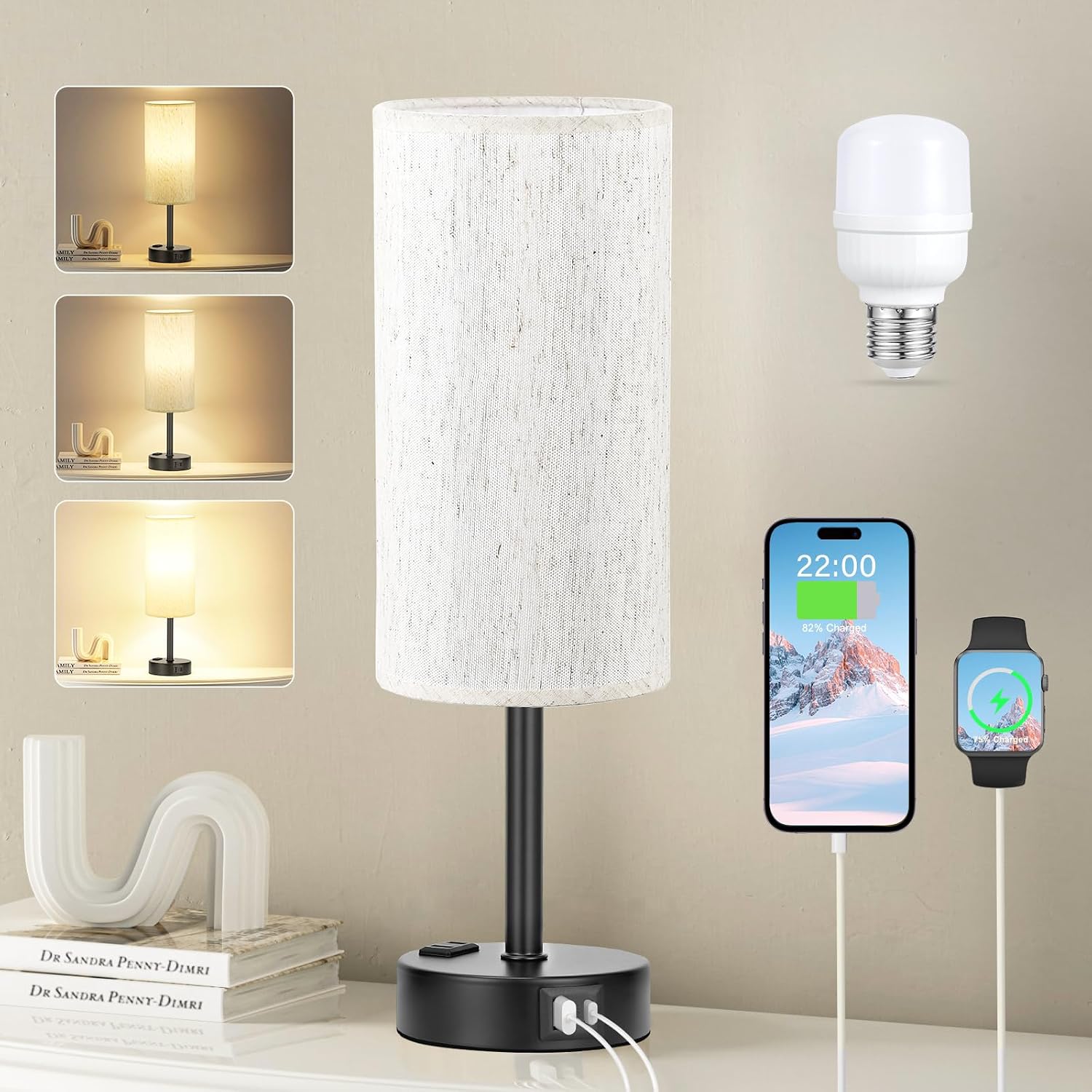 3 Way Dimmable Touch Bedside Lamp with USB C Port and AC Outlet biymjk