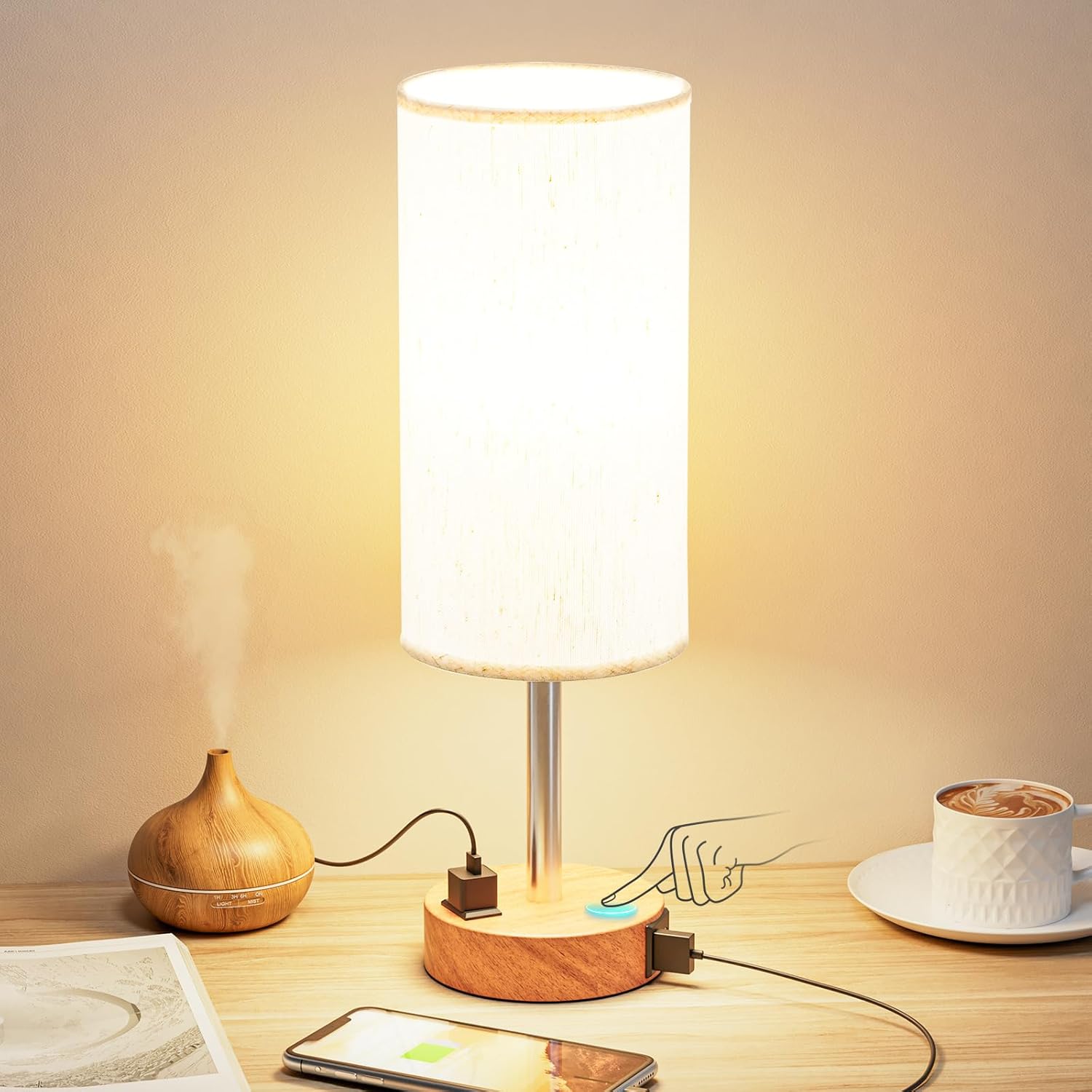 3 Way Dimmable Touch Bedside Lamp with USB C Port and AC Outlet biymjk